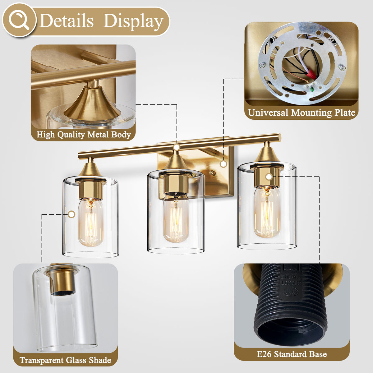 3-Light Brushed Gold Bathroom Vanity Light Fixture, Anti-Rust Metal Wall Mount Lamp with Clear Glass Shade, Modern Farmhouse Wall Sconce for Restroom & Dressing Room(No light bulb)