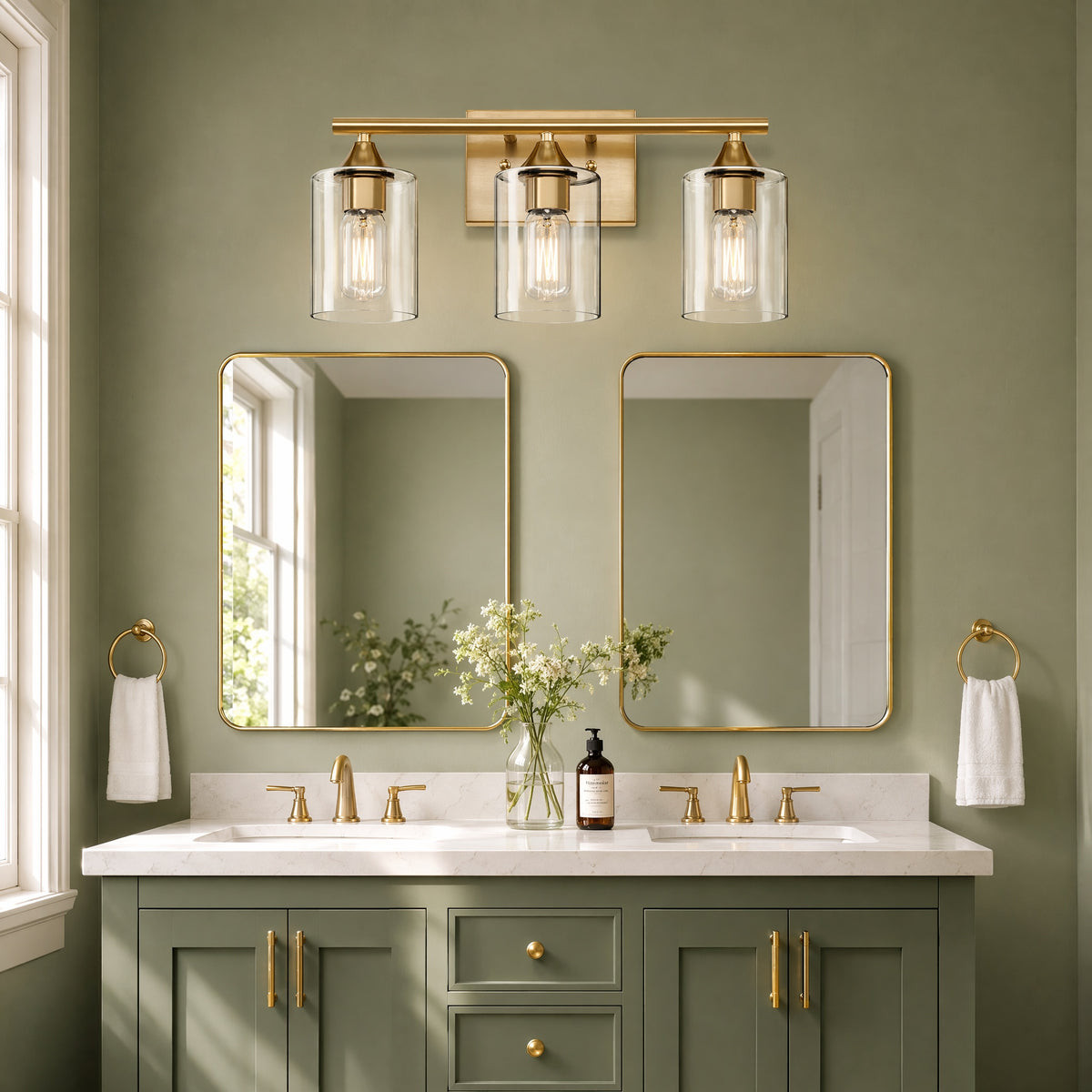 3-Light Brushed Gold Bathroom Vanity Light Fixture, Anti-Rust Metal Wall Mount Lamp with Clear Glass Shade, Modern Farmhouse Wall Sconce for Restroom & Dressing Room(No light bulb)
