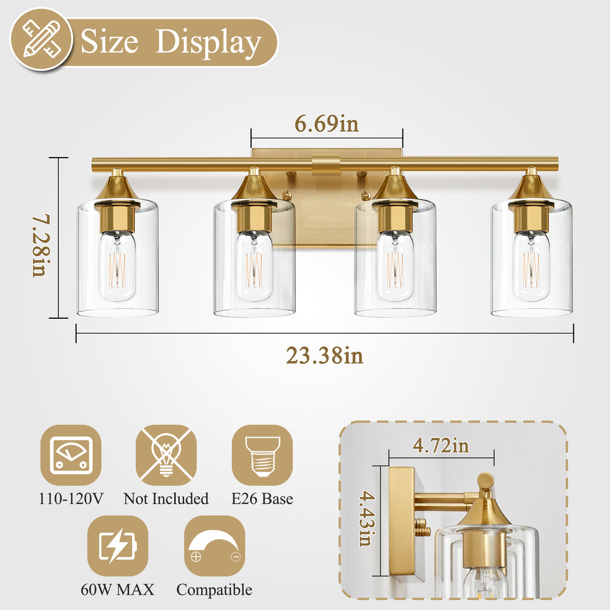 4-Light Brushed Gold Bathroom Vanity Light Fixture, Anti-Rust Metal Wall Mount Lamp with Clear Glass Shade, Modern Farmhouse Wall Sconce for Restroom & Dressing Room(No light bulb) (Copy)