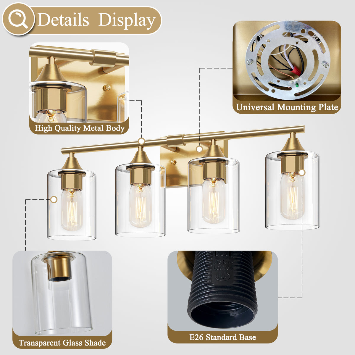 4-Light Brushed Gold Bathroom Vanity Light Fixture, Anti-Rust Metal Wall Mount Lamp with Clear Glass Shade, Modern Farmhouse Wall Sconce for Restroom & Dressing Room(No light bulb) (Copy)