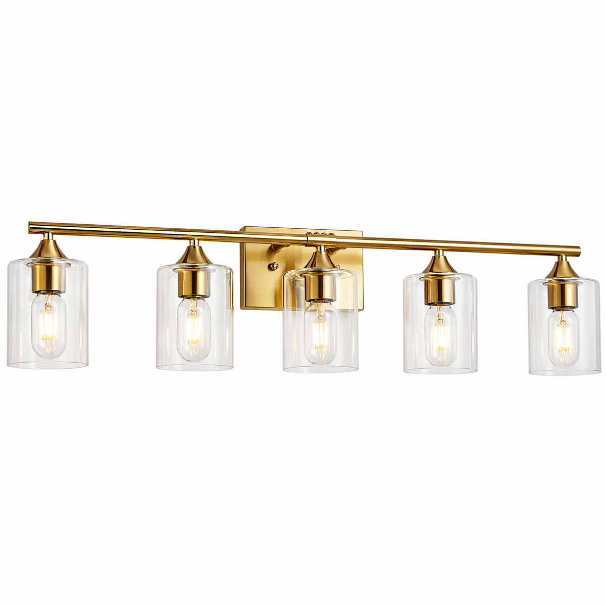 5-Light Brushed Gold Luxury Farmhouse Bathroom Vanity Light Fixture, Wall Lamp with Clear Glass Shade for Large Family Washroom(No light bulb)