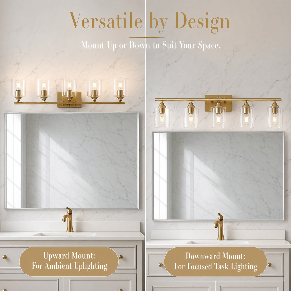 5-Light Brushed Gold Luxury Farmhouse Bathroom Vanity Light Fixture, Wall Lamp with Clear Glass Shade for Large Family Washroom(No light bulb)