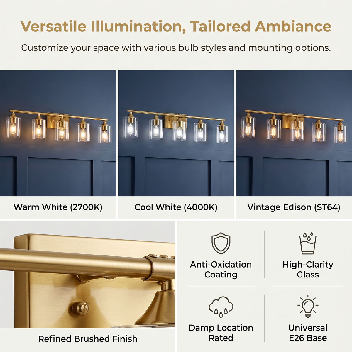 5-Light Brushed Gold Luxury Farmhouse Bathroom Vanity Light Fixture, Wall Lamp with Clear Glass Shade for Large Family Washroom(No light bulb)