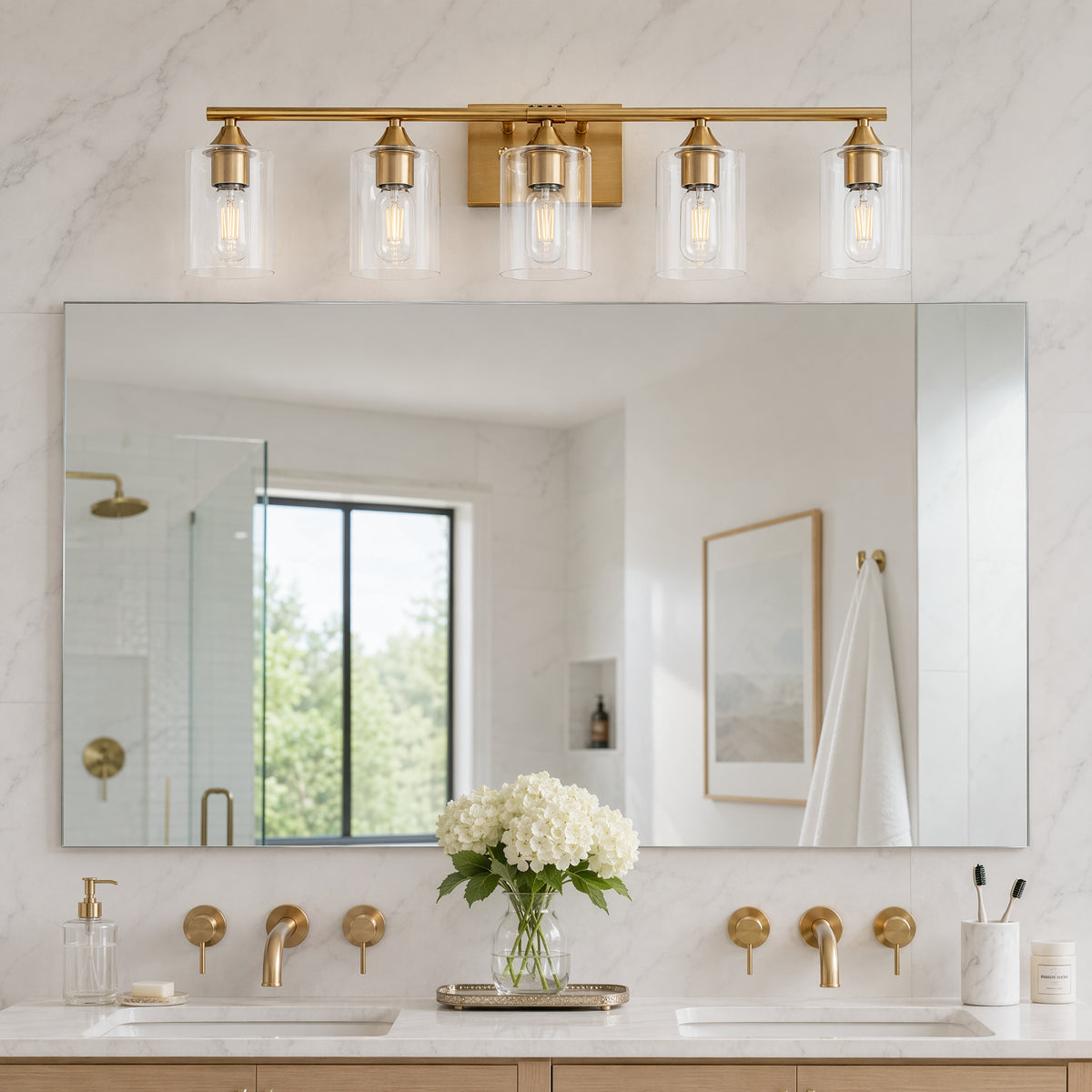 5-Light Brushed Gold Luxury Farmhouse Bathroom Vanity Light Fixture, Wall Lamp with Clear Glass Shade for Large Family Washroom(No light bulb)
