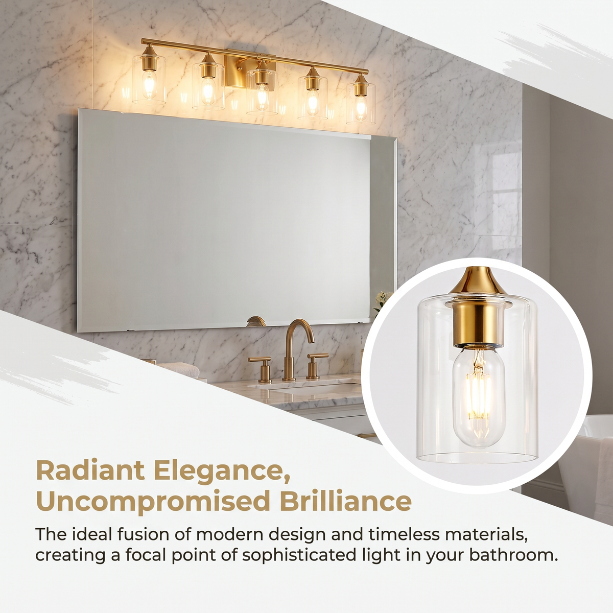 5-Light Brushed Gold Luxury Farmhouse Bathroom Vanity Light Fixture, Wall Lamp with Clear Glass Shade for Large Family Washroom(No light bulb)