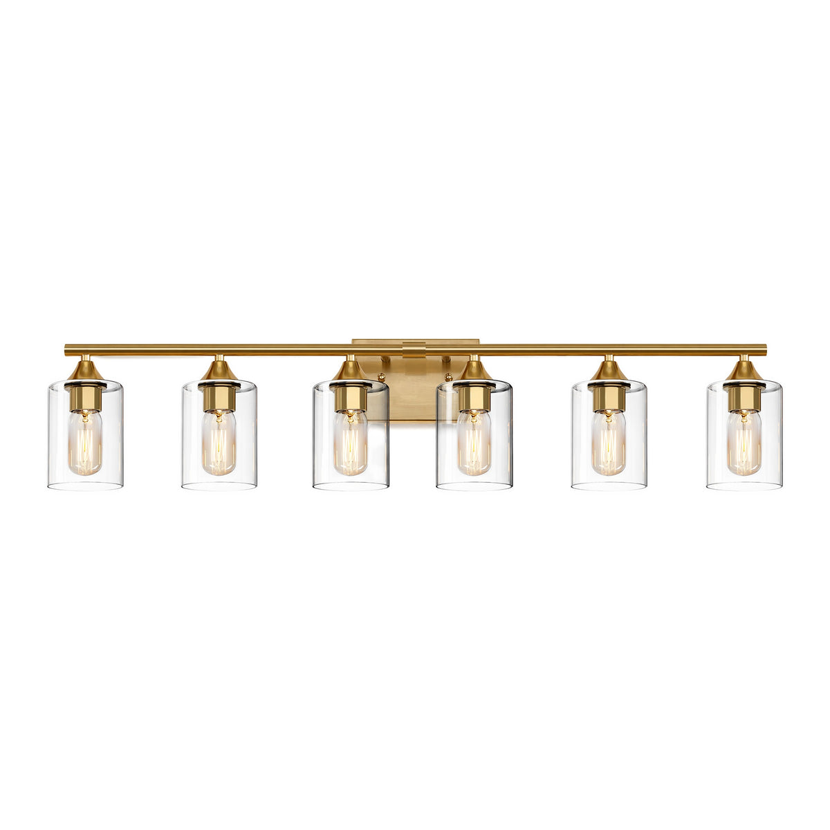 6-Light Brushed Gold Luxury Farmhouse Bathroom Vanity Light Fixture, Wall Lamp with Clear Glass Shade for Large Family Washroom(No light bulb)