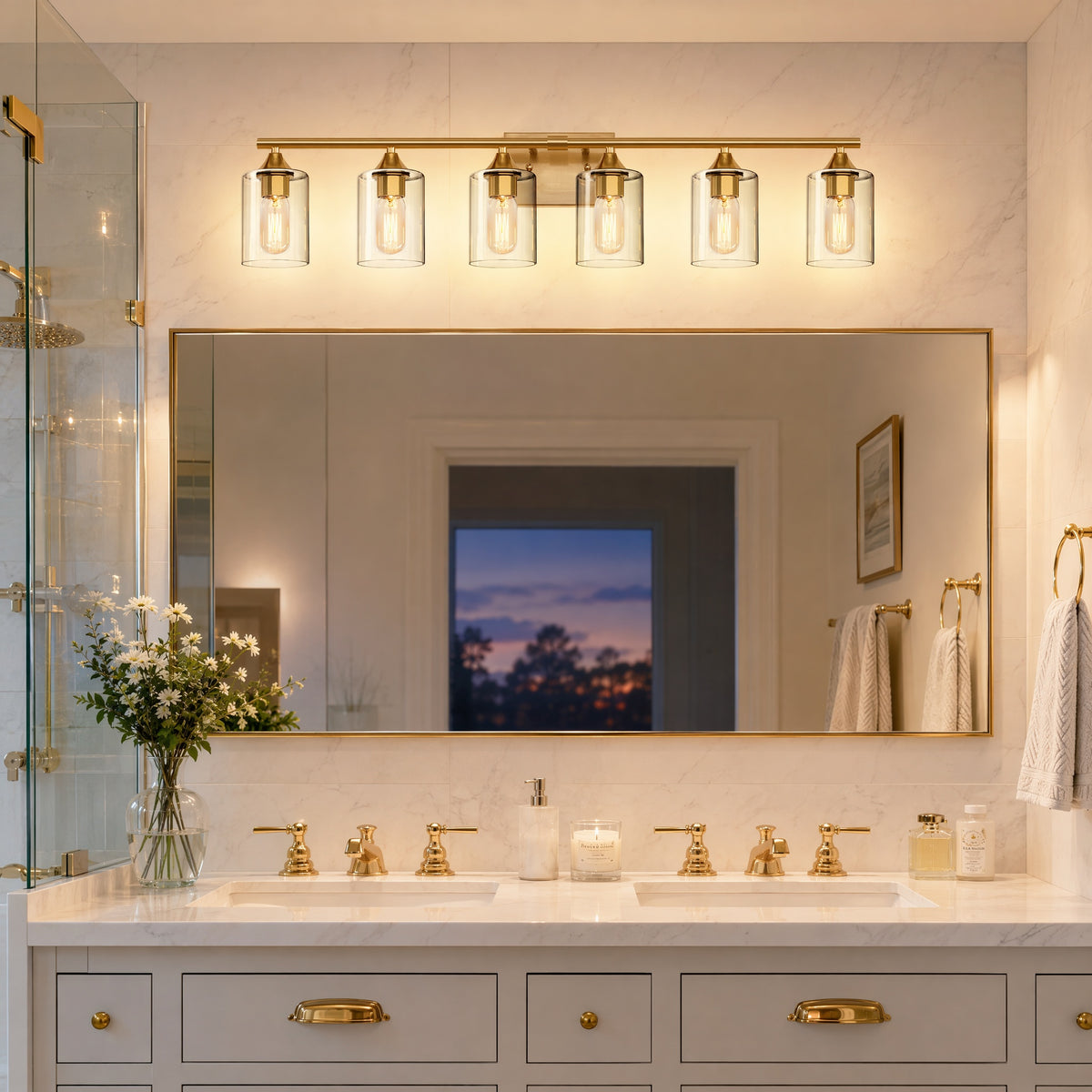 6-Light Brushed Gold Luxury Farmhouse Bathroom Vanity Light Fixture, Wall Lamp with Clear Glass Shade for Large Family Washroom(No light bulb)
