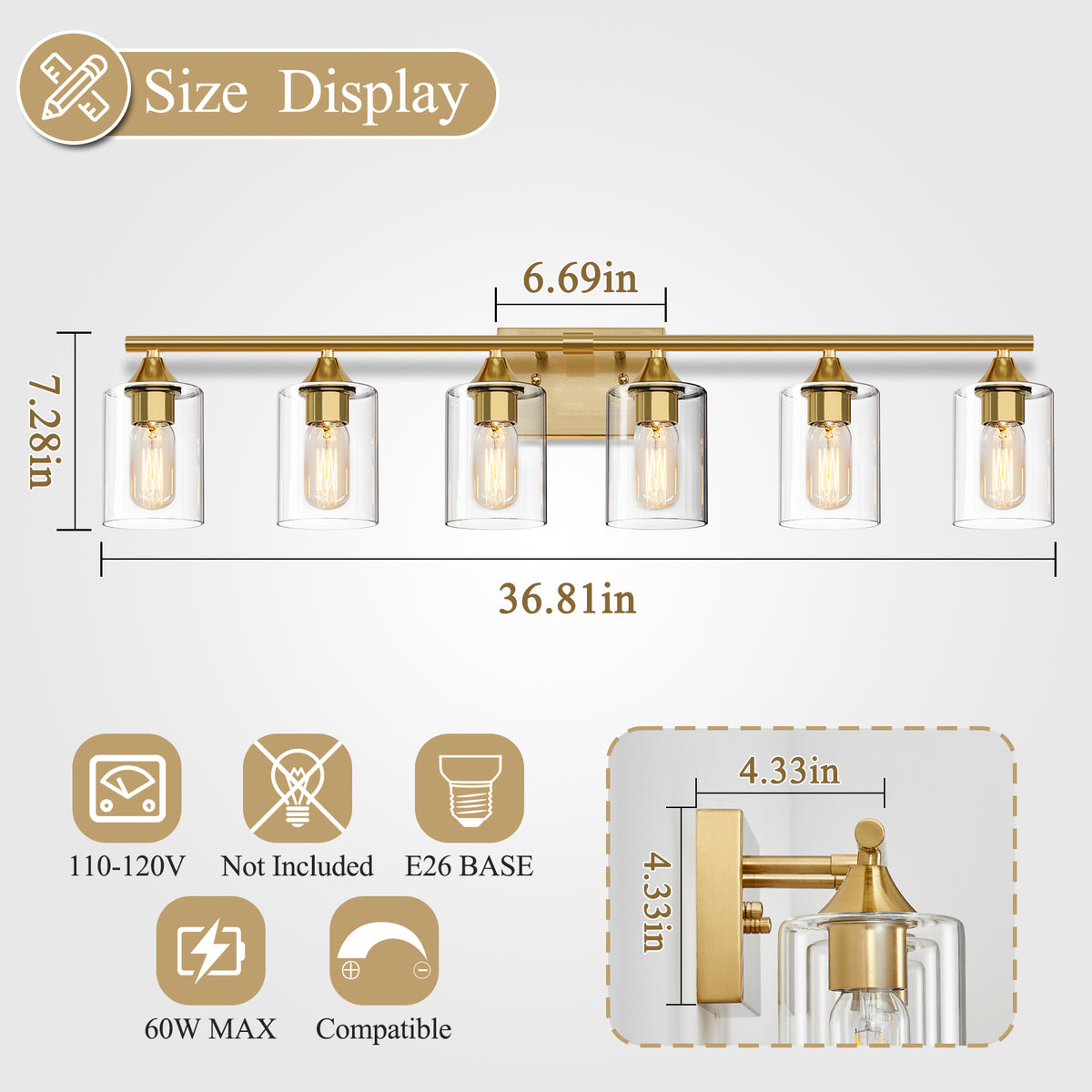 6-Light Brushed Gold Luxury Farmhouse Bathroom Vanity Light Fixture, Wall Lamp with Clear Glass Shade for Large Family Washroom(No light bulb)