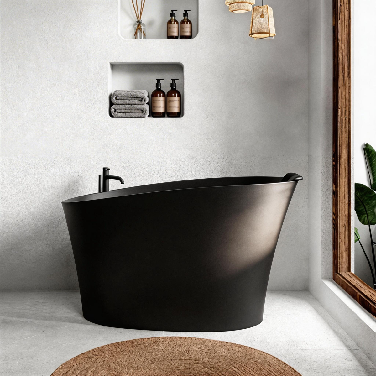 51" Solid Surface Oval Freestanding Black Bathtub with Overflow and Drain Assembly, with Integral Seat and headrest