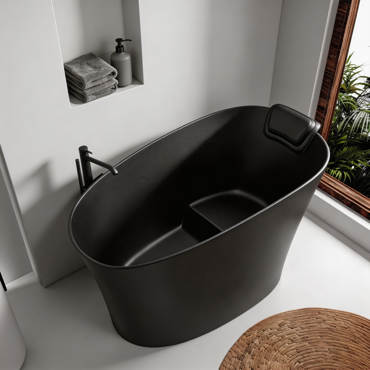 51" Solid Surface Oval Freestanding Black Bathtub with Overflow and Drain Assembly, with Integral Seat and headrest