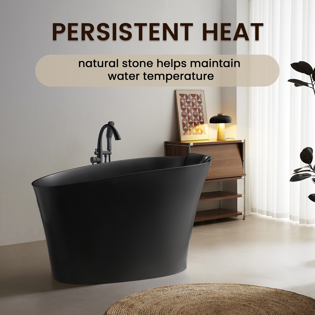 51" Solid Surface Oval Freestanding Black Bathtub with Overflow and Drain Assembly, with Integral Seat and headrest