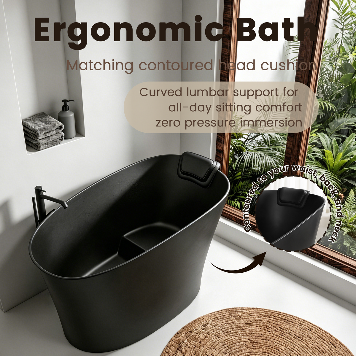 51" Solid Surface Oval Freestanding Black Bathtub with Overflow and Drain Assembly, with Integral Seat and headrest