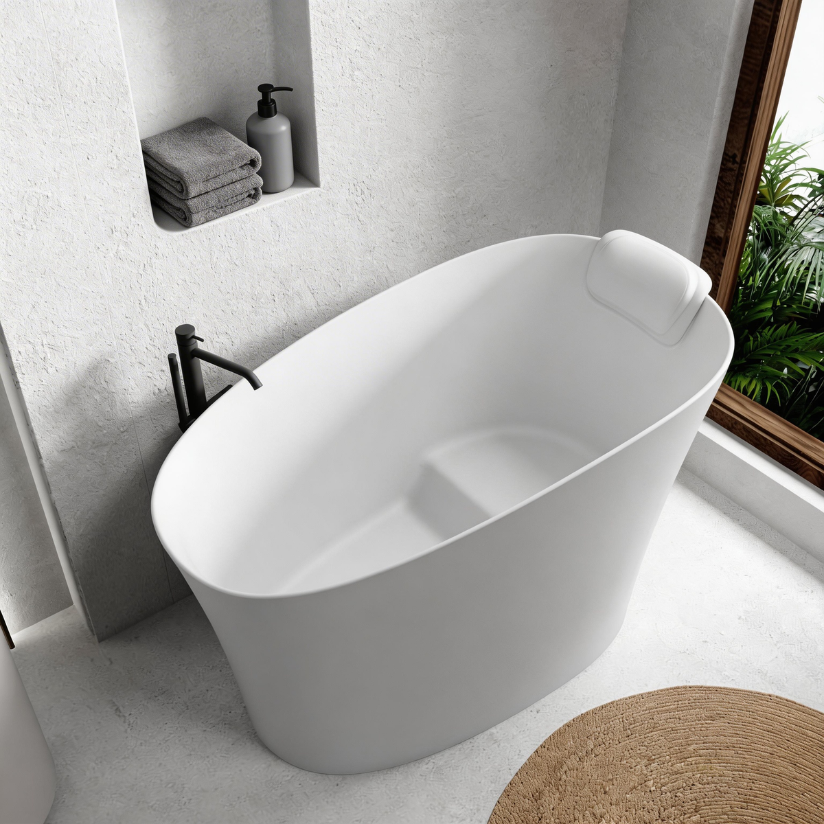 51" Solid Surface Oval Freestanding Glossy White Bathtub with Overflow and Drain Assembly, with Integral Seat and headrest