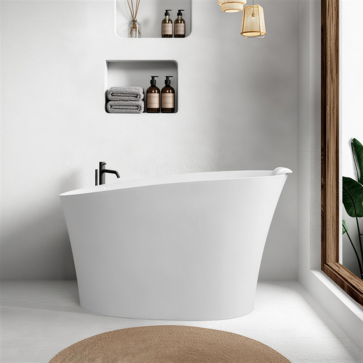 51" Solid Surface Oval Freestanding Glossy White Bathtub with Overflow and Drain Assembly, with Integral Seat and headrest