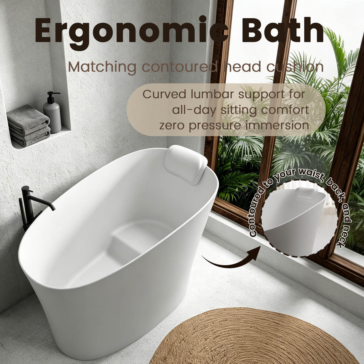 51" Solid Surface Oval Freestanding Glossy White Bathtub with Overflow and Drain Assembly, with Integral Seat and headrest