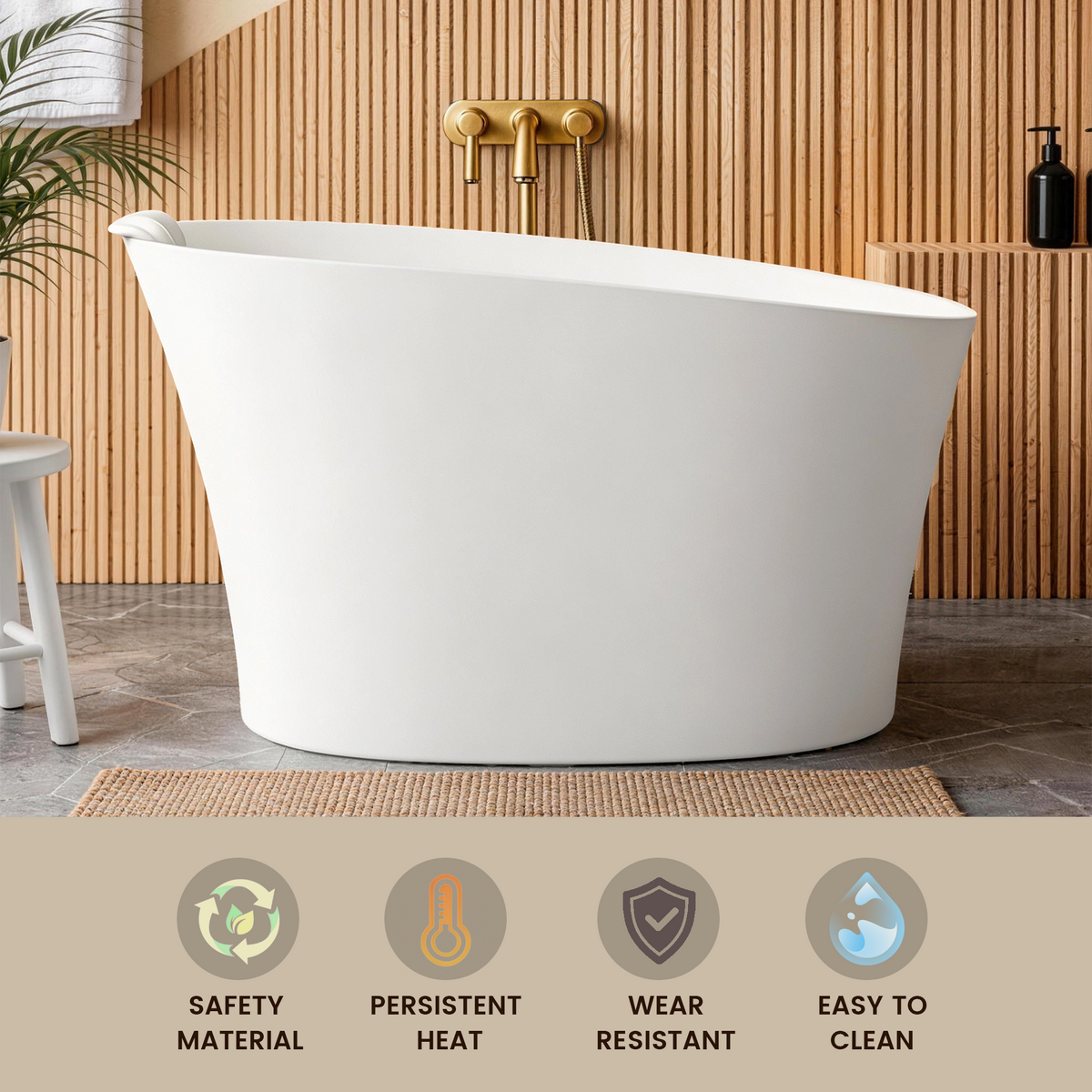 51" Solid Surface Oval Freestanding Glossy White Bathtub with Overflow and Drain Assembly, with Integral Seat and headrest