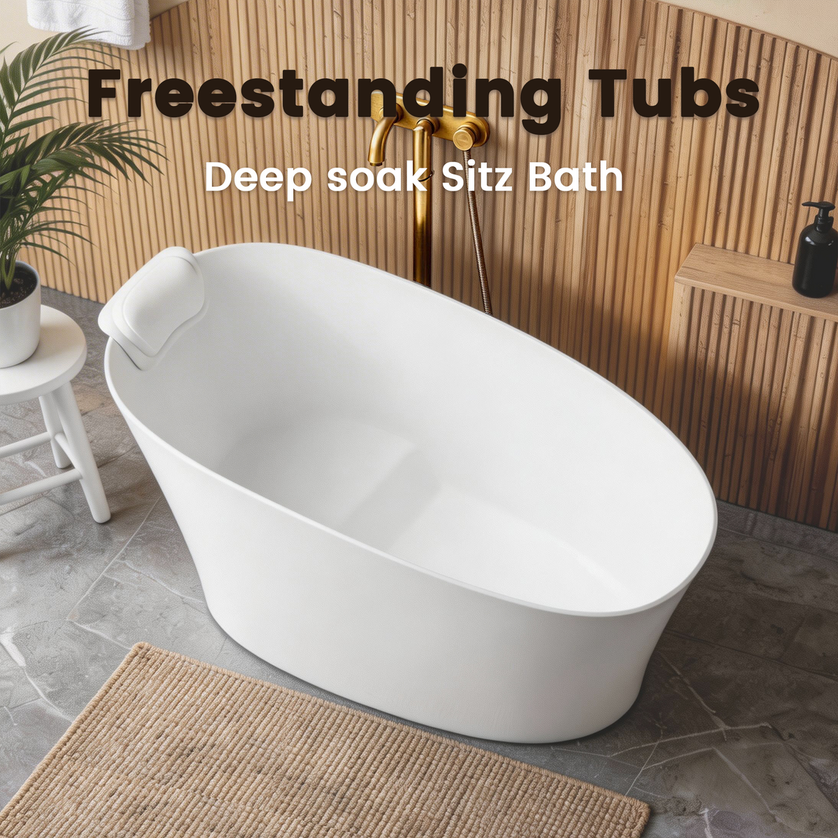 51" Solid Surface Oval Freestanding Glossy White Bathtub with Overflow and Drain Assembly, with Integral Seat and headrest