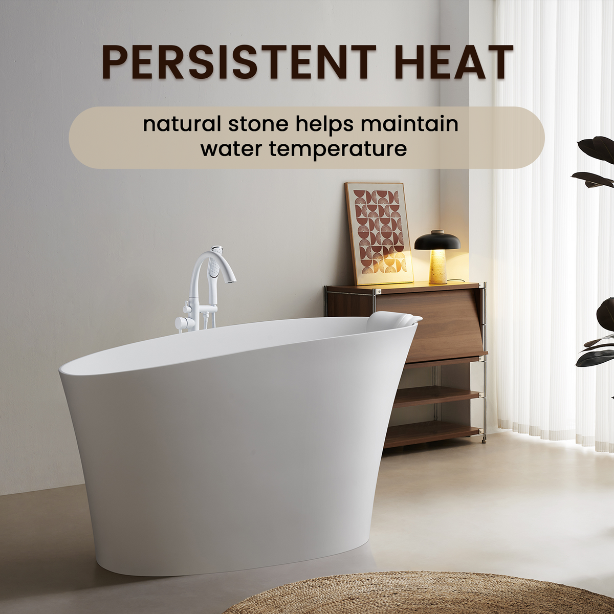 51" Solid Surface Oval Freestanding Glossy White Bathtub with Overflow and Drain Assembly, with Integral Seat and headrest