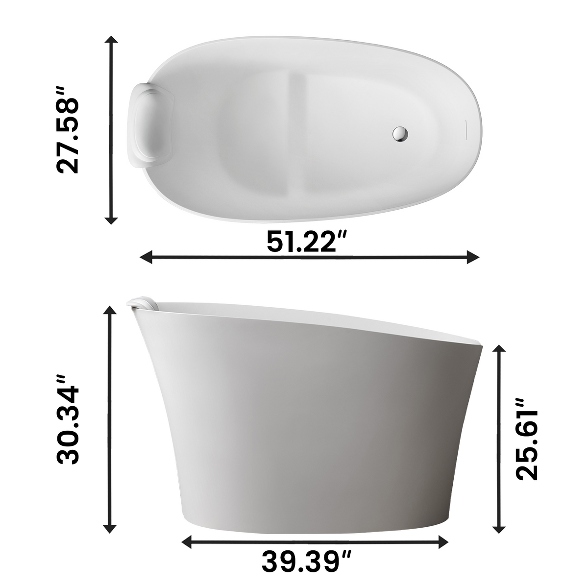 51" Solid Surface Oval Freestanding Glossy White Bathtub with Overflow and Drain Assembly, with Integral Seat and headrest