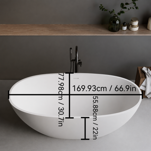 Solid Surface Matte Tub, Solid Surface Soaking Tub, Stone Resin Freestanding Bathtub, Thick Edge Stand Alone Tubs with Overflow, Pop-up Drain, Matte White