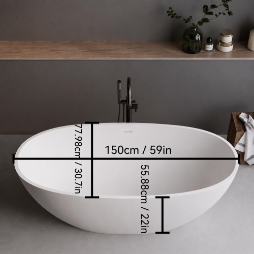 Solid Surface Matte Tub, Solid Surface Soaking Tub, Stone Resin Freestanding Bathtub, Thick Edge Stand Alone Tubs with Overflow, Pop-up Drain, Matte White