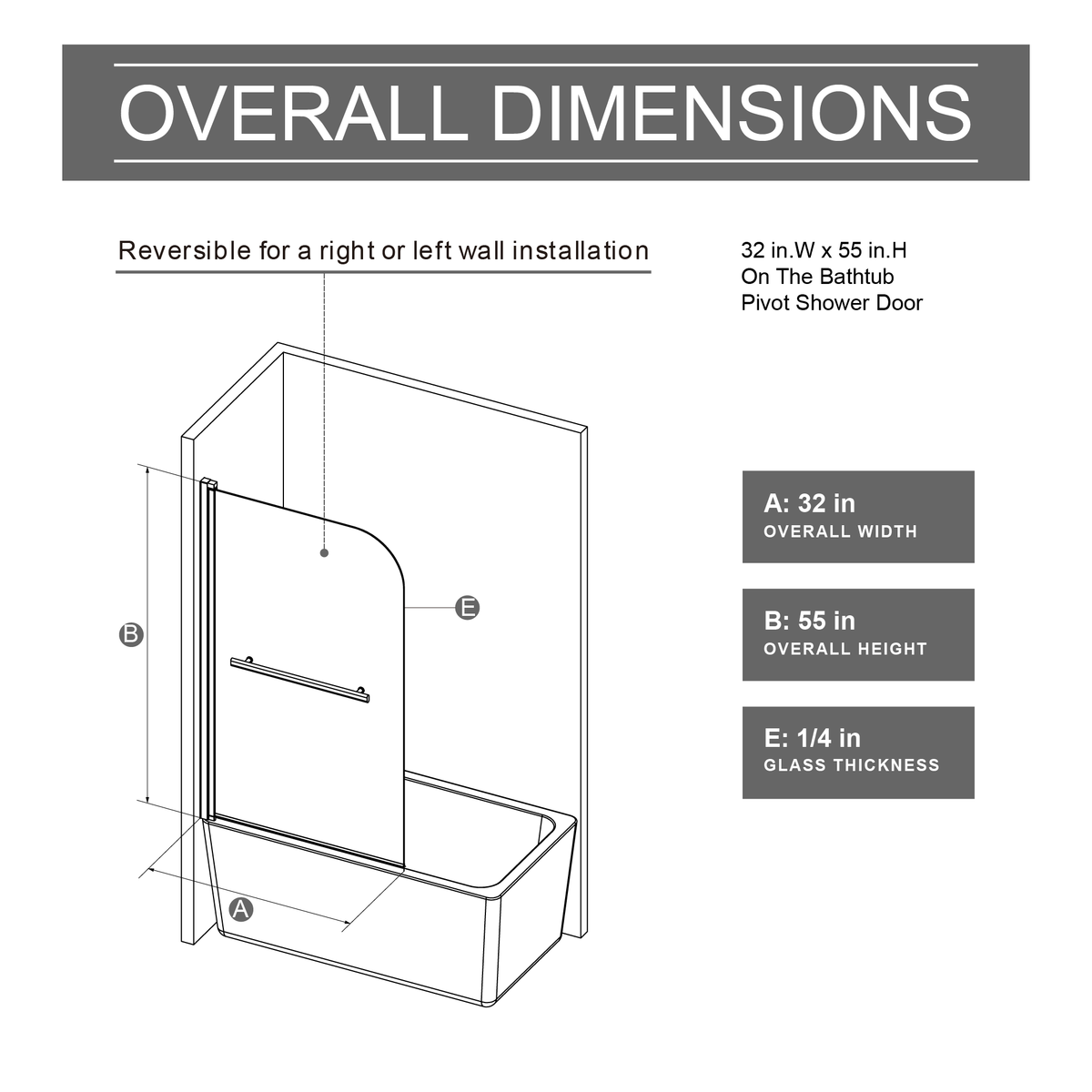 32.in W x 55.in H Shower Door Bathtub, 1/4 inch Thick Bohemian PatternTempered Glass Shower Door with Stainless Steel Handle, Black