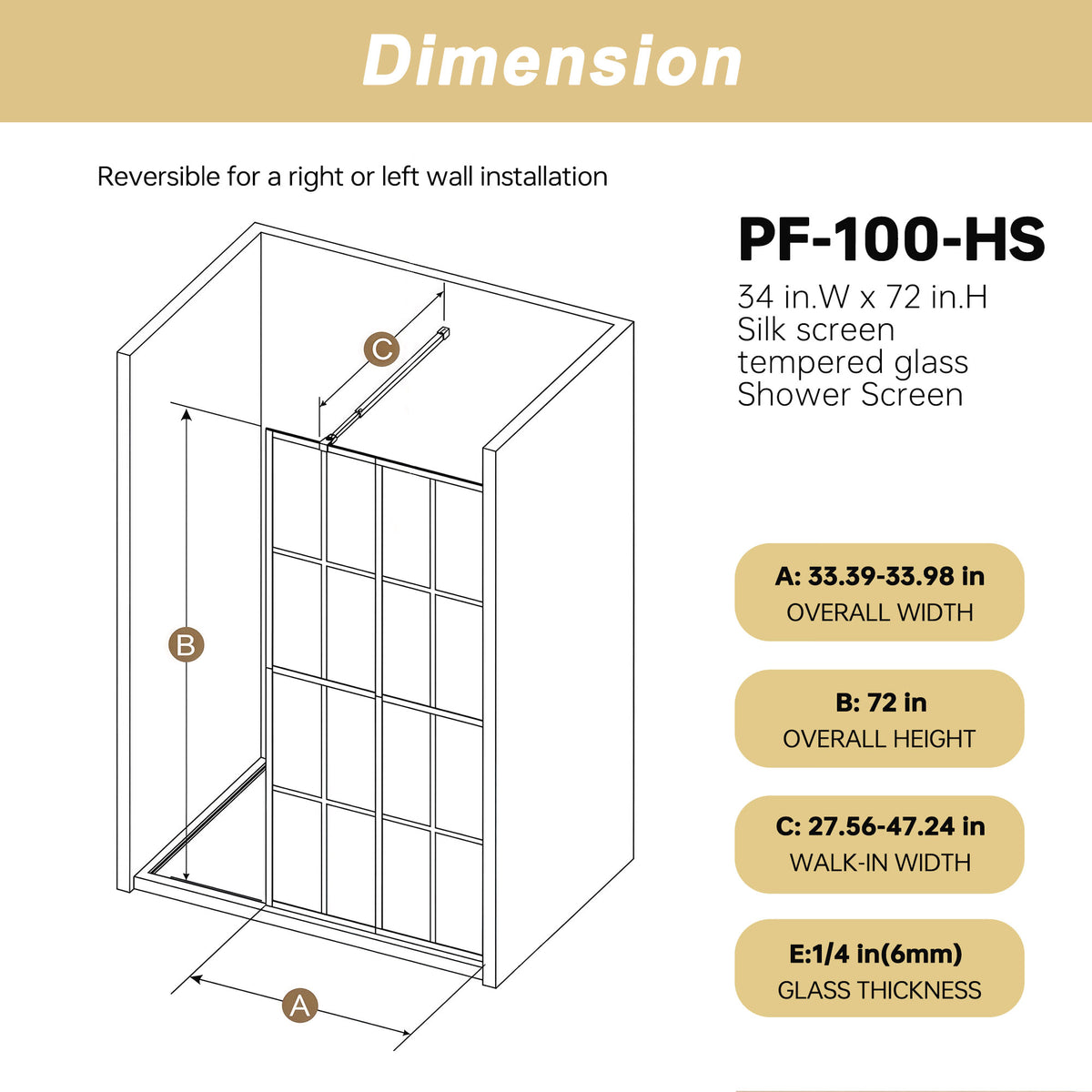 Framed Glass Shower Screen 34" Width x 72"Height with 1/4" 6mm Silk-printing Tempered Glass, Matte black aluminum and support bar, Shower door