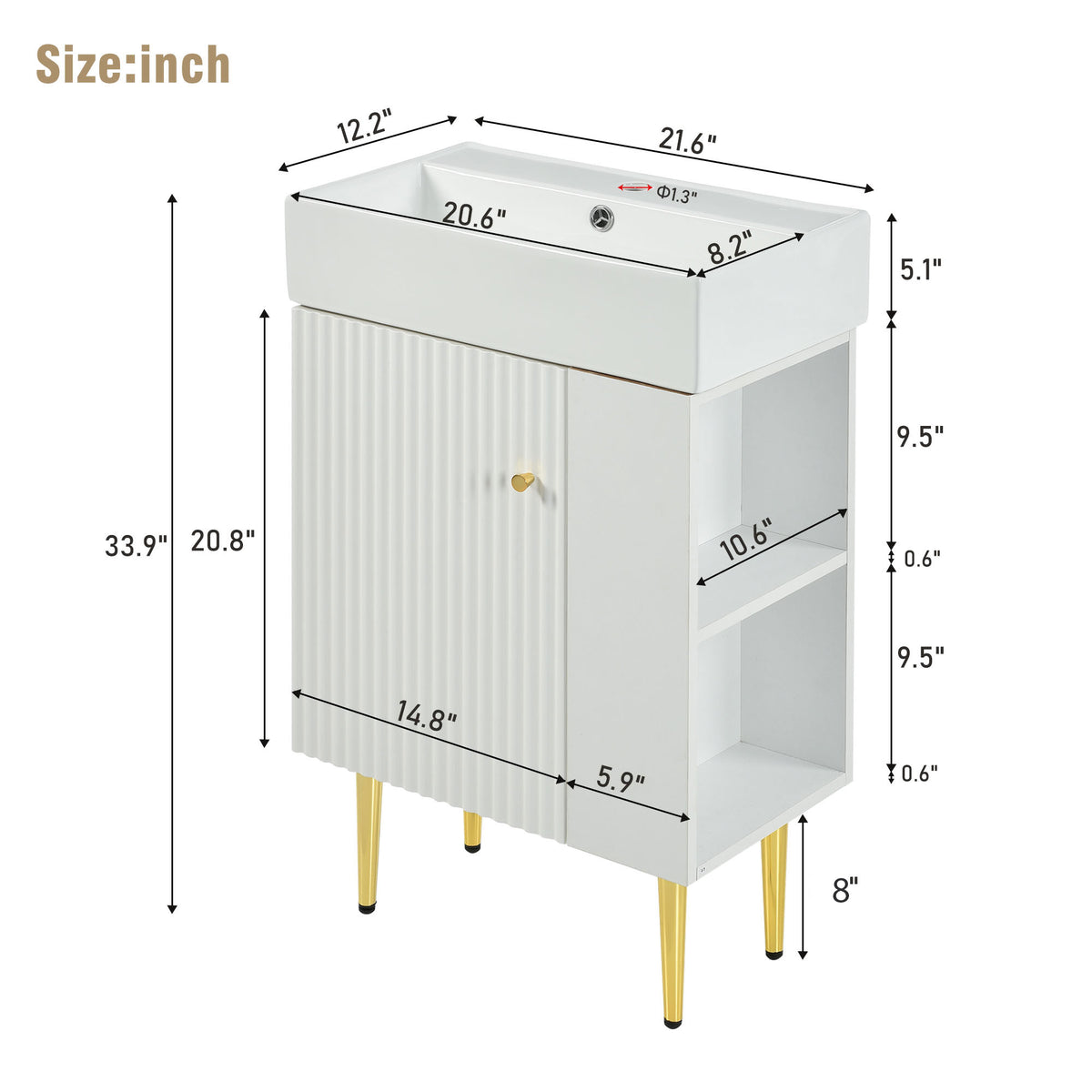 21.6" white Bathroom vanity, Combo Cabinet, Bathroom Storage Cabinet, Single Ceramic Sink