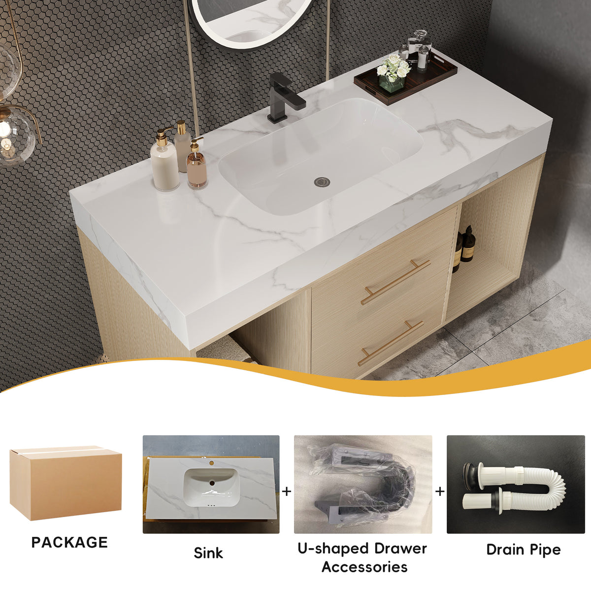 39.4 '' Floating Bathroom Vanity with Ceramic sink,Wall Mounted Vanity 2 Soft Close Drawer and white slate top