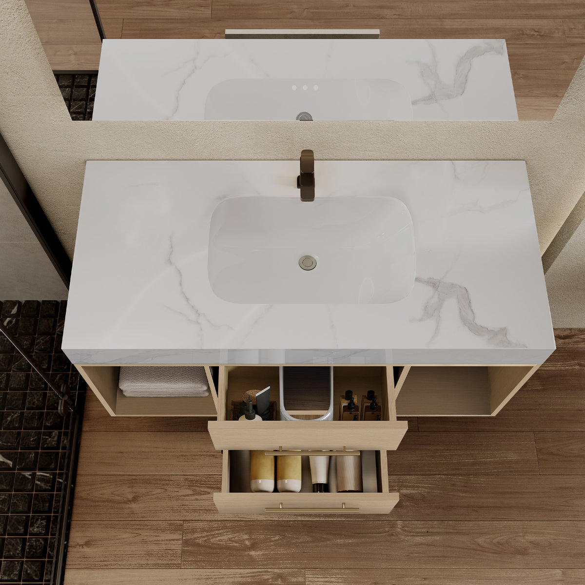 39.4 '' Floating Bathroom Vanity with Ceramic sink,Wall Mounted Vanity 2 Soft Close Drawer and white slate top