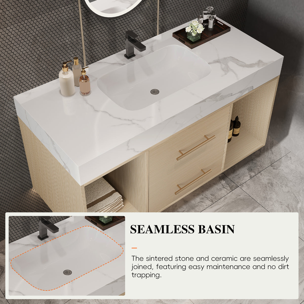 39.4 '' Floating Bathroom Vanity with Ceramic sink,Wall Mounted Vanity 2 Soft Close Drawer and white slate top