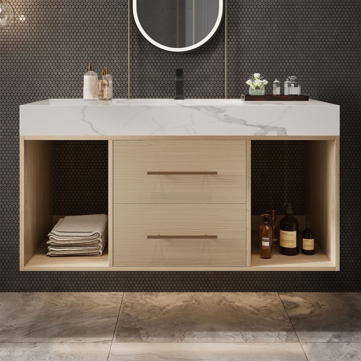 39.4 '' Floating Bathroom Vanity with Ceramic sink,Wall Mounted Vanity 2 Soft Close Drawer and white slate top