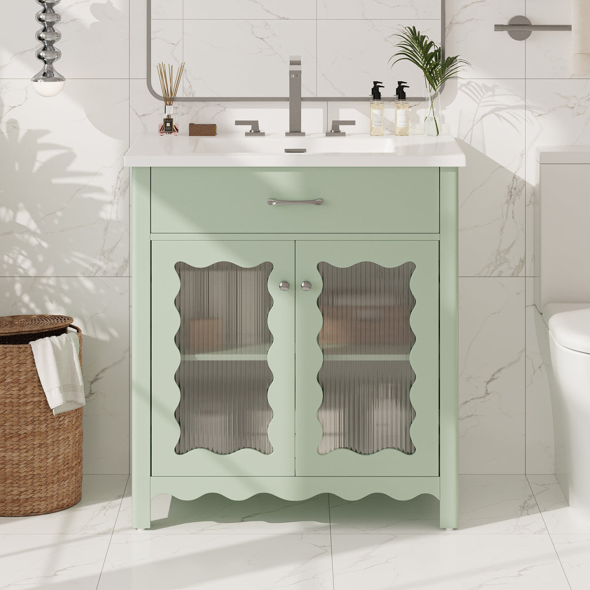 30 Inches Bathroom Vanity with Tempered Glass, Modern Bathroom Cabinet with Rubber Wood legs and Soft close Doors, Green