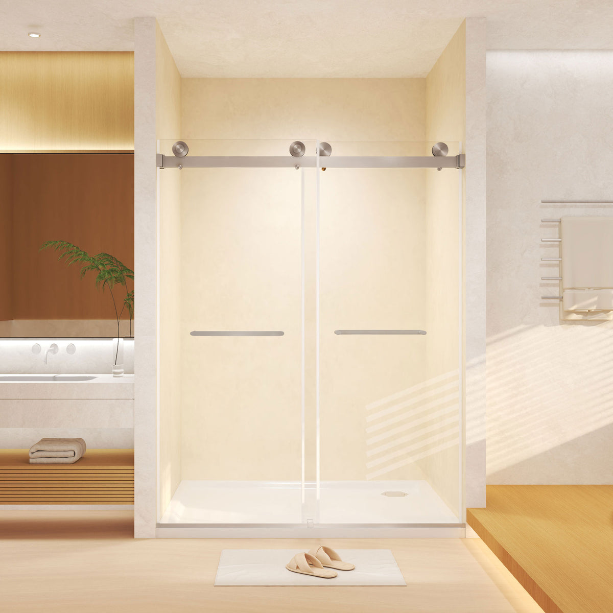 Frameless Double Sliding Shower Door , 5/16 "(8mm) Tempered Glass, Explosion Proof Film, Stainless Steel Handle, Square Tube Track, Brushed Nickel