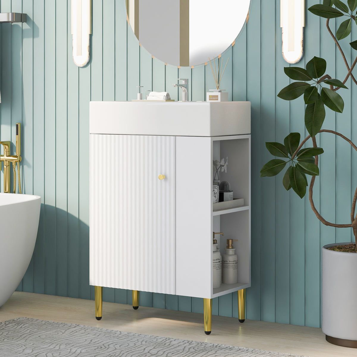 21.6" white Bathroom vanity, Combo Cabinet, Bathroom Storage Cabinet, Single Ceramic Sink