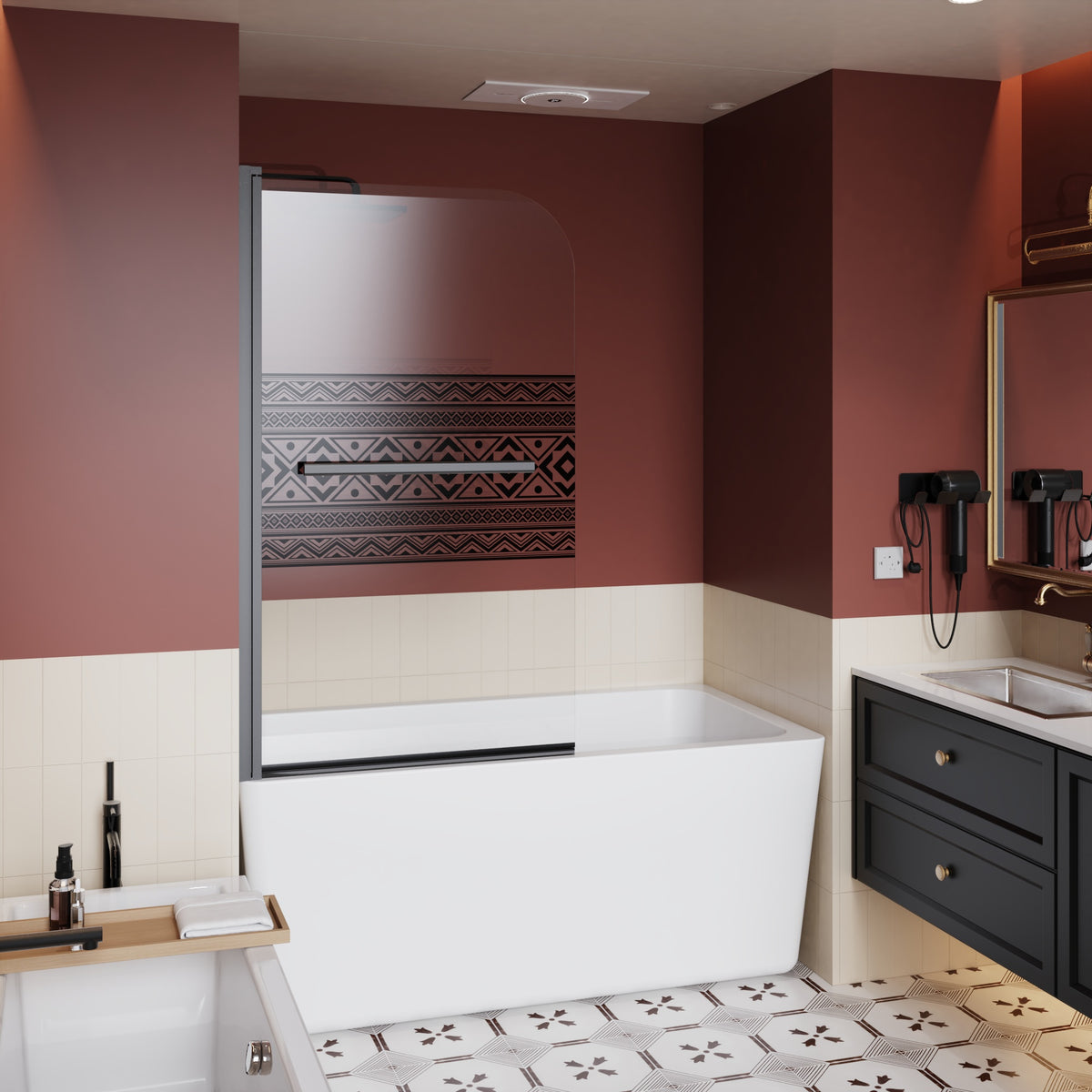 32.in W x 55.in H Shower Door Bathtub, 1/4 inch Thick Bohemian PatternTempered Glass Shower Door with Stainless Steel Handle, Black