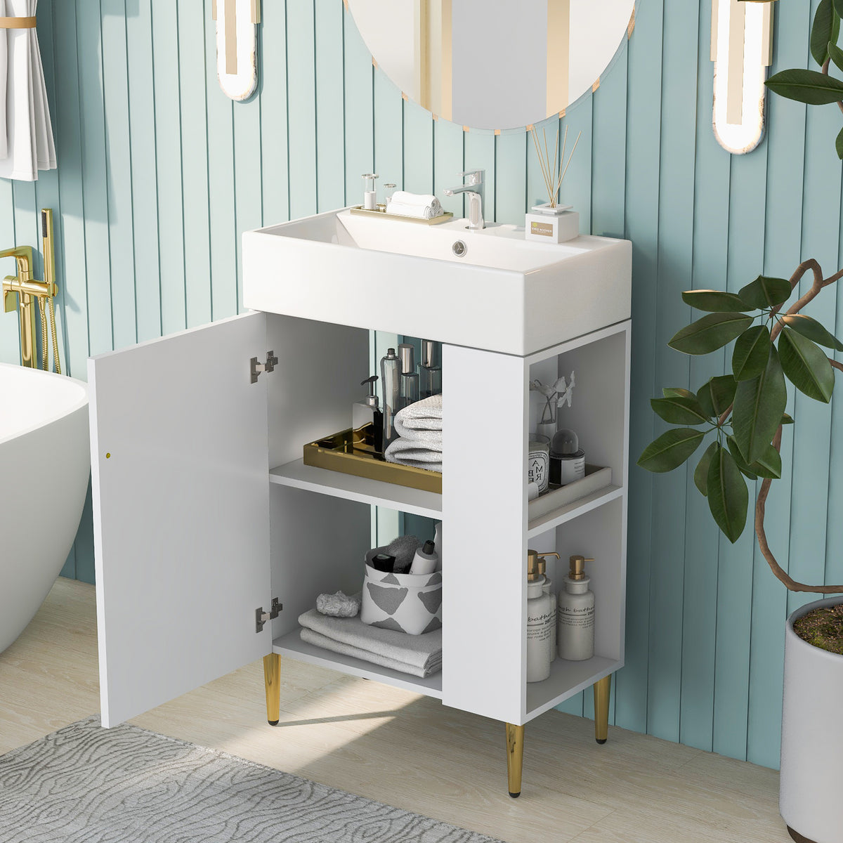 21.6" white Bathroom vanity, Combo Cabinet, Bathroom Storage Cabinet, Single Ceramic Sink