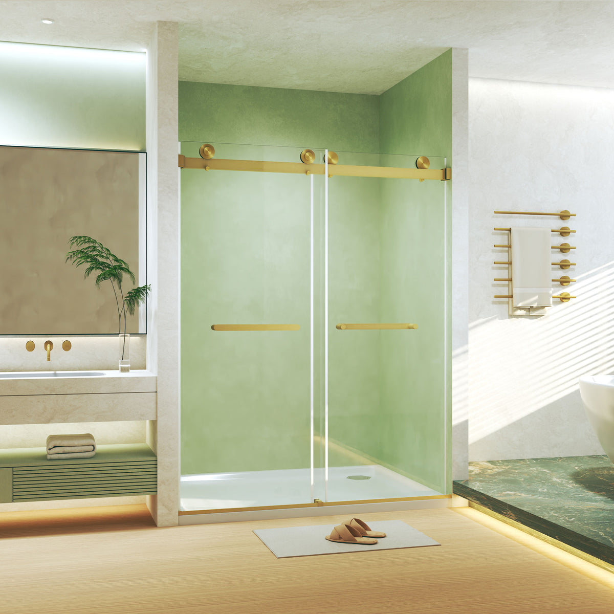 Frameless Double Sliding Shower Door, 5/16 "(8mm) Tempered Glass, Explosion Proof Film, Stainless Steel Handle, Square Tube Track,Brushed Gold