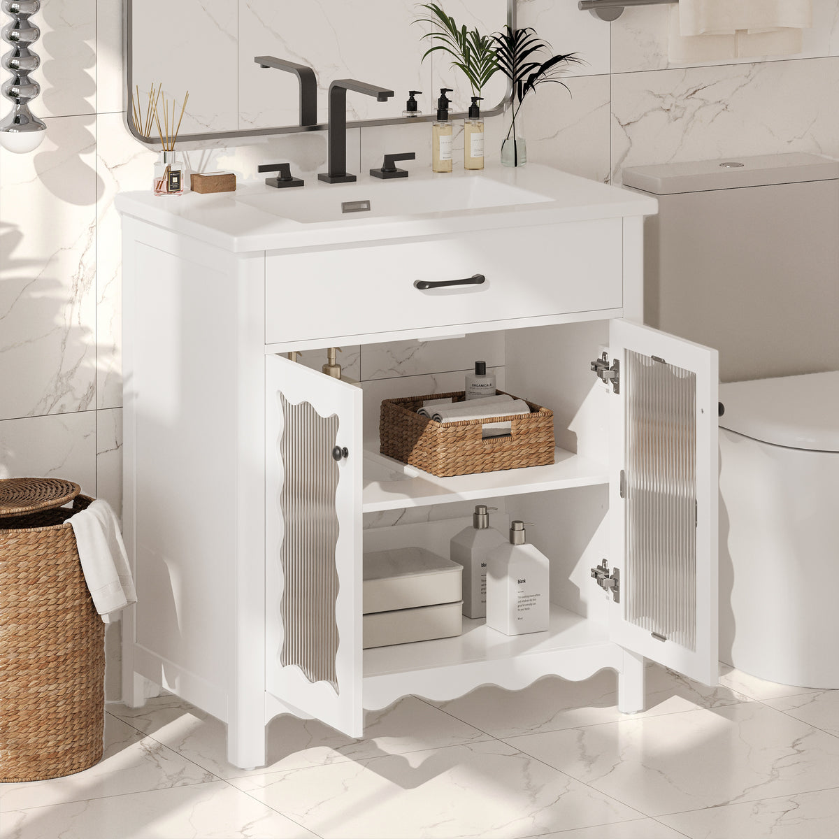 30 Inches Bathroom Vanity with Tempered Glass, Modern Bathroom Cabinet with Rubber Wood legs and Soft close Doors, White