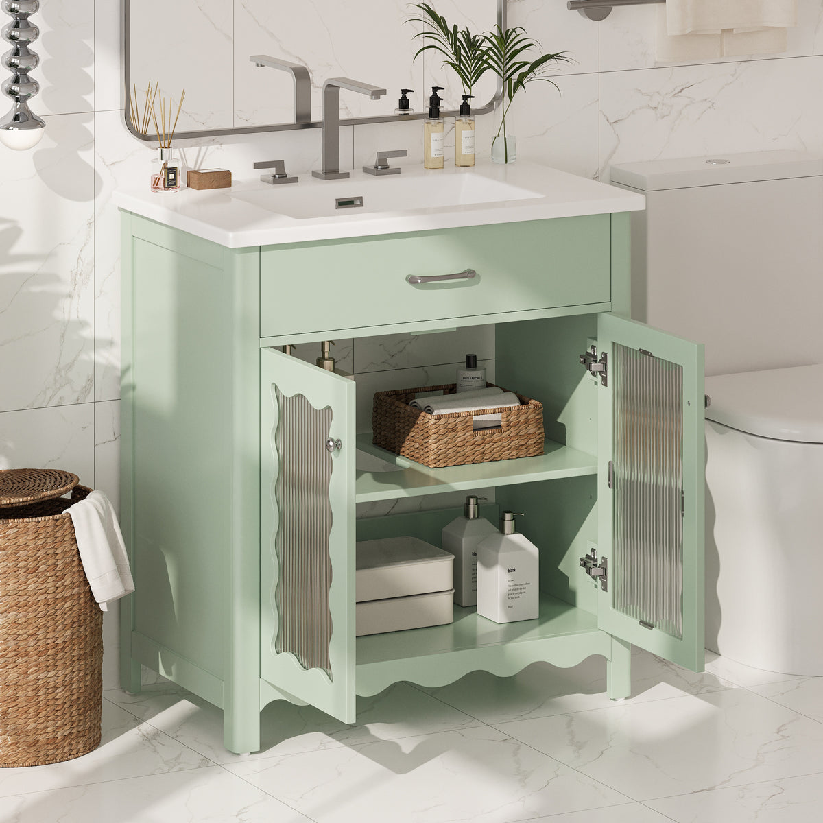 30 Inches Bathroom Vanity with Tempered Glass, Modern Bathroom Cabinet with Rubber Wood legs and Soft close Doors, Green