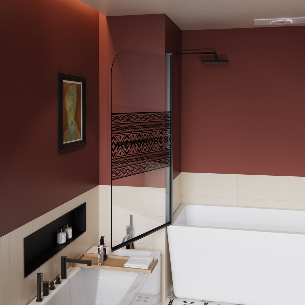 32.in W x 55.in H Shower Door Bathtub, 1/4 inch Thick Bohemian PatternTempered Glass Shower Door with Stainless Steel Handle, Black