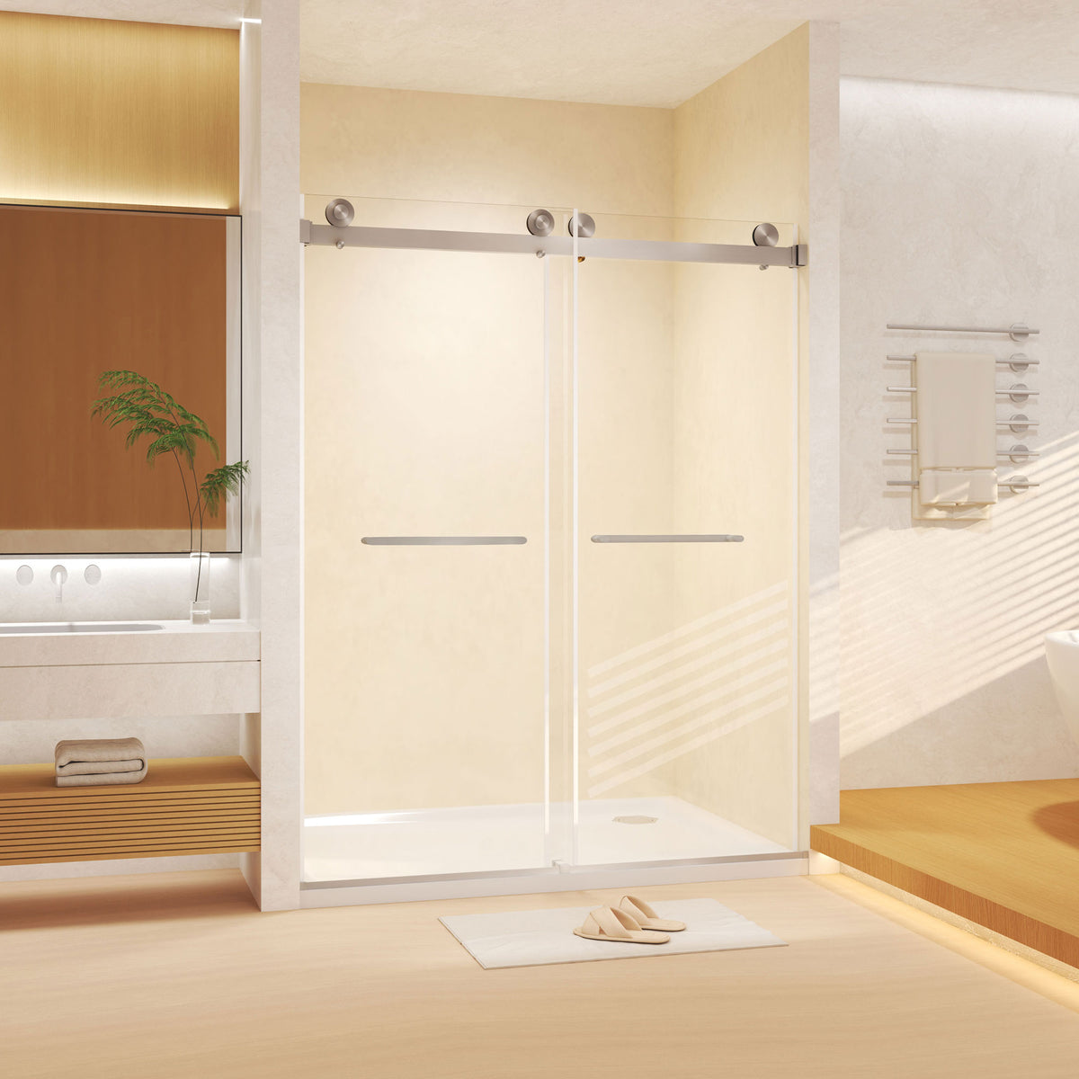 Frameless Double Sliding Shower Door , 5/16 "(8mm) Tempered Glass, Explosion Proof Film, Stainless Steel Handle, Square Tube Track, Brushed Nickel