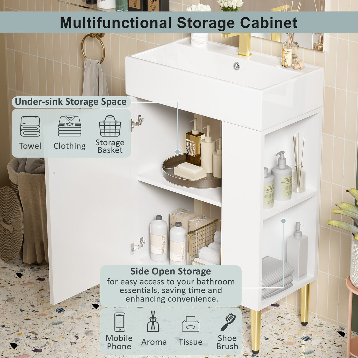 21.6" white Bathroom vanity, Combo Cabinet, Bathroom Storage Cabinet, Single Ceramic Sink