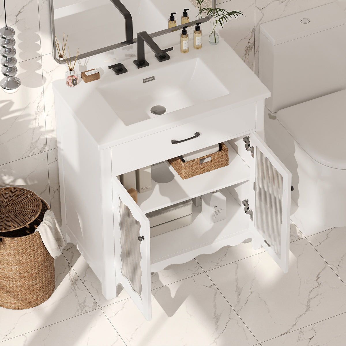 30 Inches Bathroom Vanity with Tempered Glass, Modern Bathroom Cabinet with Rubber Wood legs and Soft close Doors, White