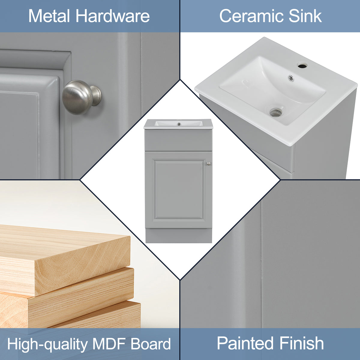 18“&20”Bathroom Vanity with Sink, Vanity Cabinet with Door Shelf and Adjustable Shelf,Gray
