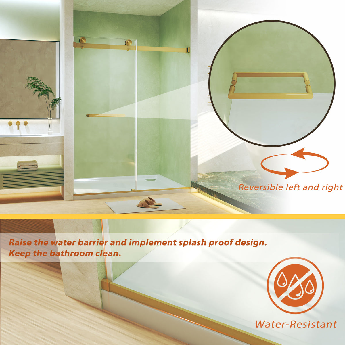 Frameless Double Sliding Shower Door, 5/16 "(8mm) Tempered Glass, Explosion Proof Film, Stainless Steel Handle, Square Tube Track,Brushed Gold