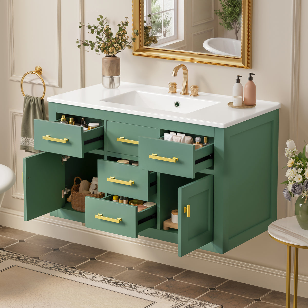 36'' Wall Mounted Bathroom Cabinet – French Style Bathroom Vanity with Glossy White Sink, Bathroom Cabinet with Multiple Drawers and Doors, Ample Storage