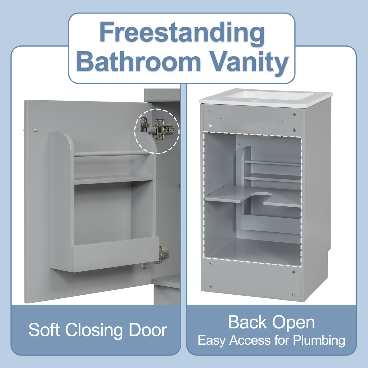 18“&20”Bathroom Vanity with Sink, Vanity Cabinet with Door Shelf and Adjustable Shelf,Gray
