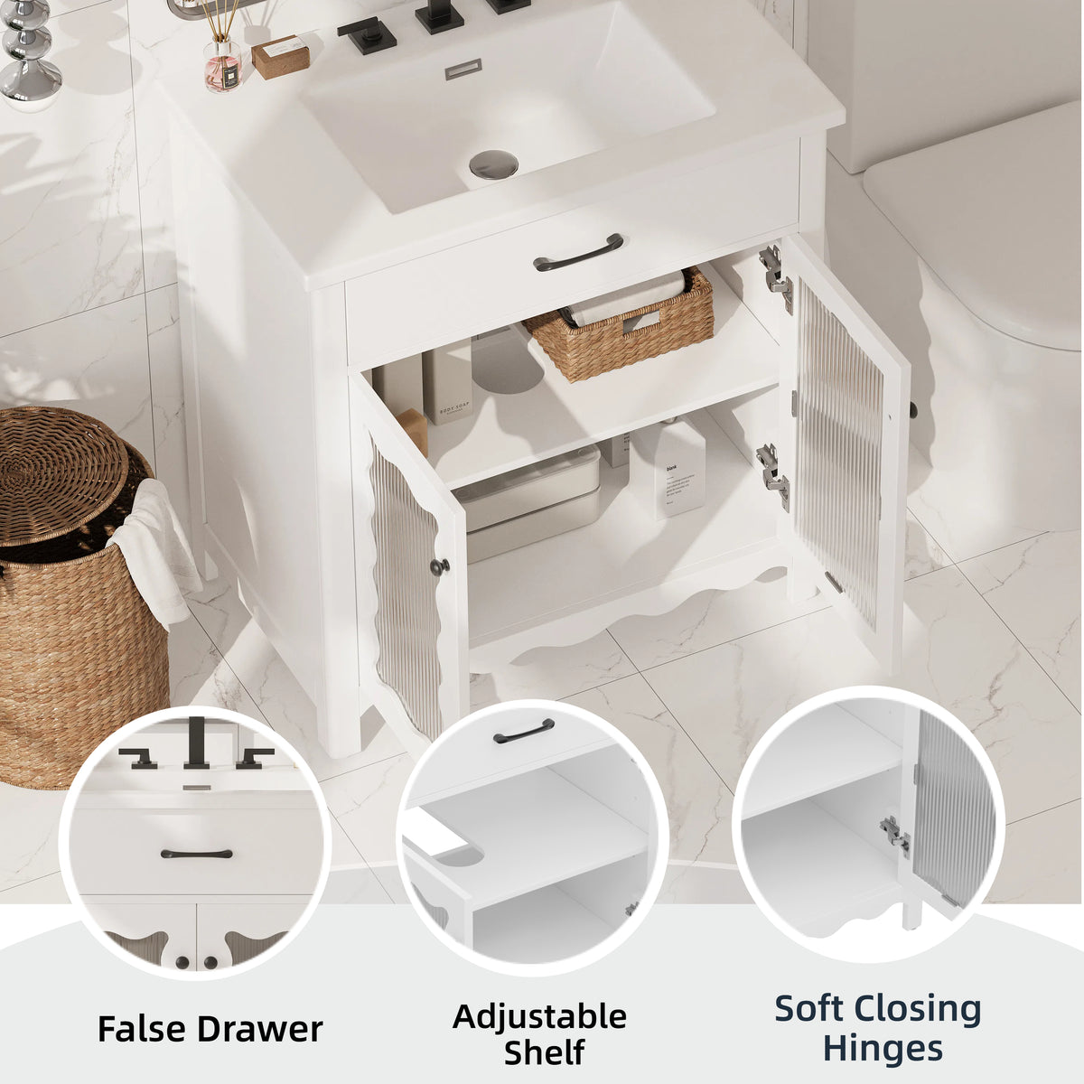 30 Inches Bathroom Vanity with Tempered Glass, Modern Bathroom Cabinet with Rubber Wood legs and Soft close Doors, White