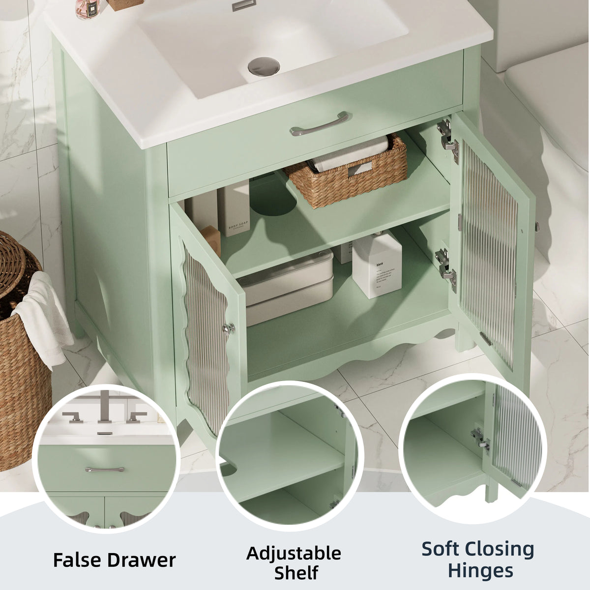 30 Inches Bathroom Vanity with Tempered Glass, Modern Bathroom Cabinet with Rubber Wood legs and Soft close Doors, Green
